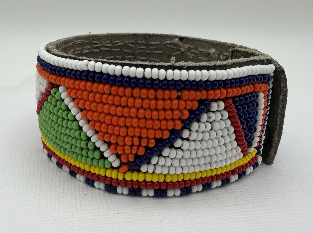 Vintage Native American Style Beaded Leather Cuff Bracelet Boho Snap Close